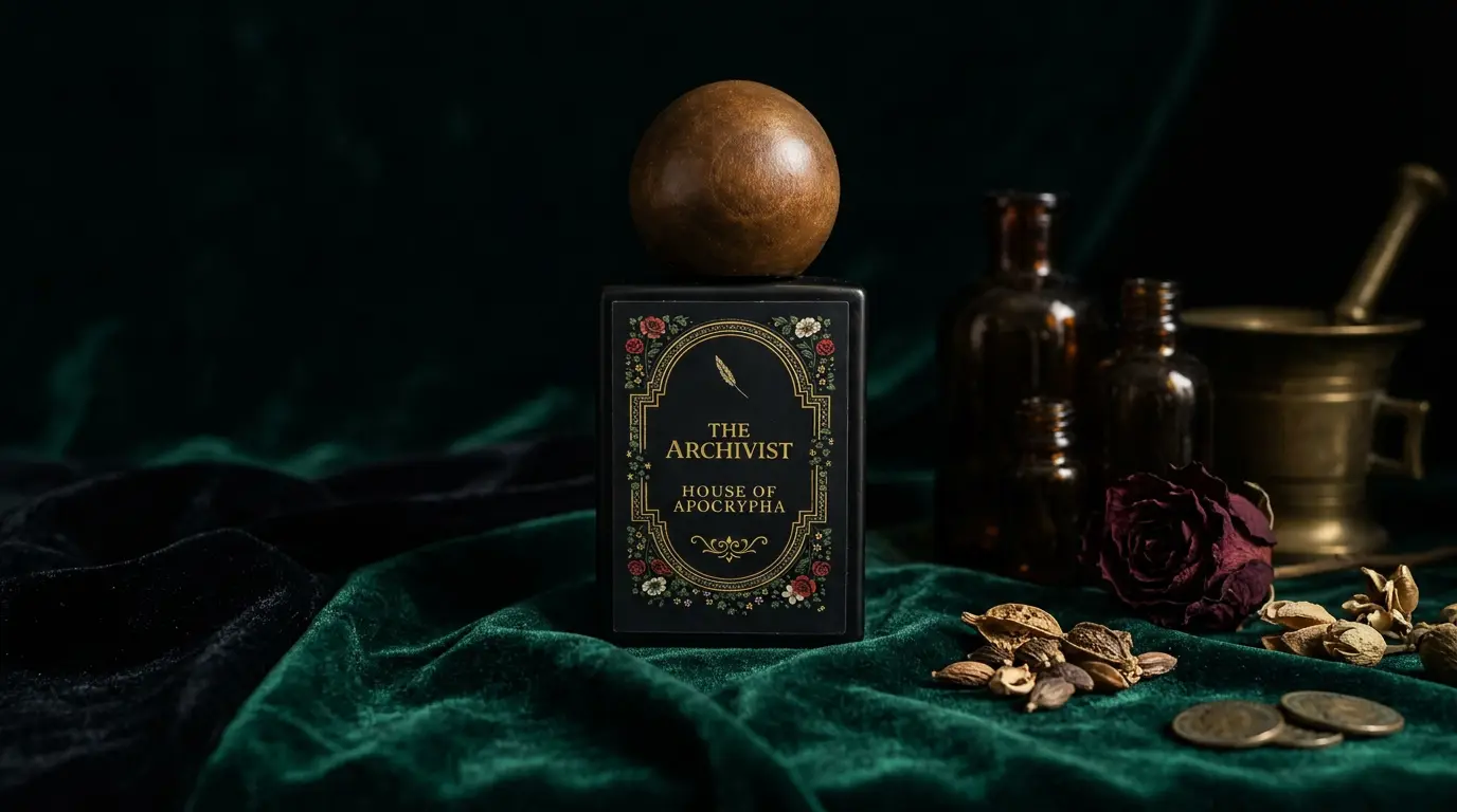 The Archivist — a black House of Apocrypha natural perfume bottle with an ornate gold floral label and a polished wood cap, on marble with cream silk, a quill, an aged manuscript and a peacock feather