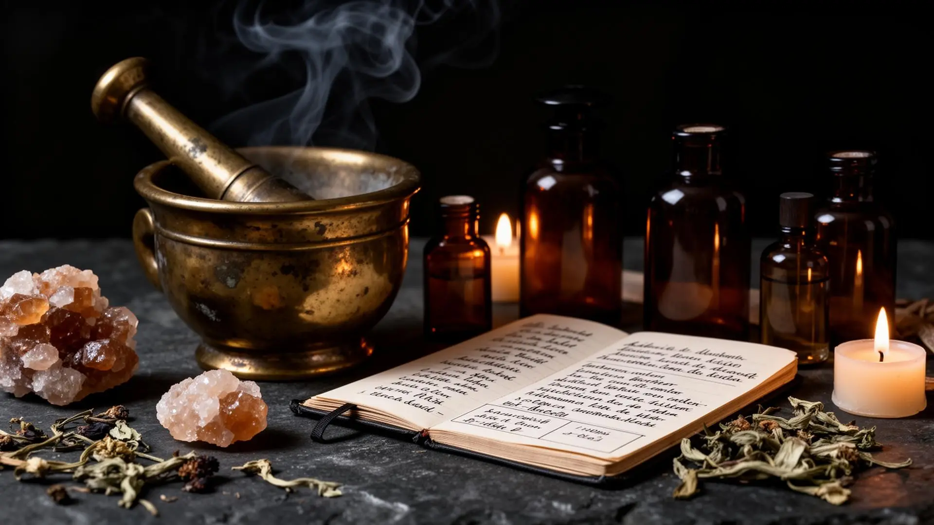 A tarnished brass mortar, amber bottles, an open formula notebook, resins and dried botanicals on dark stone